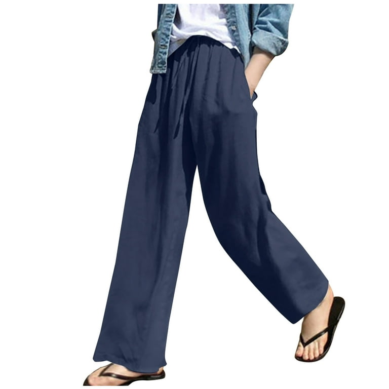 Lightweight Summer Pants Womens Elastic Waist Linen Wide Leg Trousers  Pocketed Drawstring Slacks Cozy Sweatpants (5X-Large, Blue)