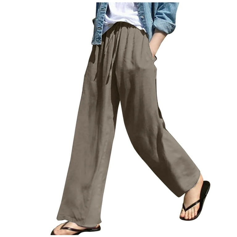 Lightweight Summer Pants Womens Elastic Waist Linen Wide Leg Trousers  Pocketed Drawstring Slacks Cozy Sweatpants (Medium, Coffee) 