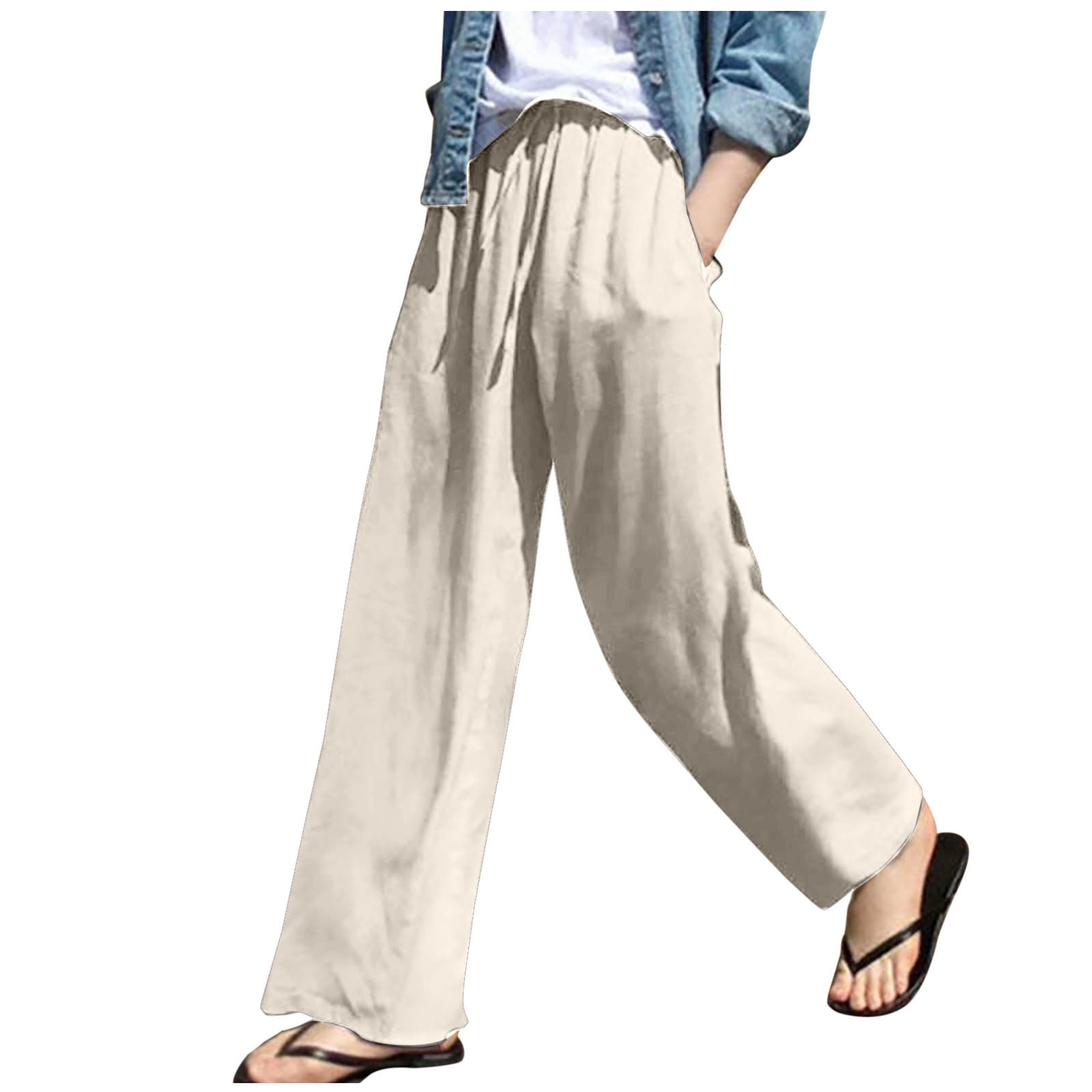 Lightweight Summer Pants Womens Elastic Waist Linen Wide Leg Trousers 