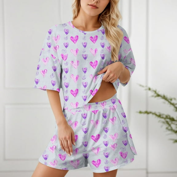Lightweight Summer Printed Pajamas Sets for Women Y3K Cropped Heart Printed Round Neck Short Sleeve Pullover Lounge Split Shorts Nightwear