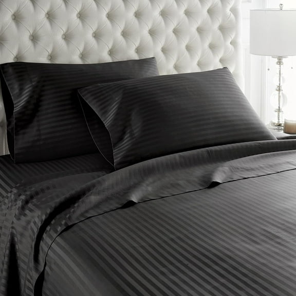 Lightweight Super Soft 600 Thread Count |100% Egyptian Cotton| Ultra Soft | Cooling for Hot Sleepers | Cal-King Size 4 Piece Sheet Set Fit 22" Inch to 24" Inch Deep Pocket { Black Stripe }