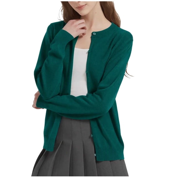 Lightweight Sweater Cardigan for Women Knitted Crew Neck Long Sleeve Button Down Coat Trendy Casual Comfy Clothes (L, Green)