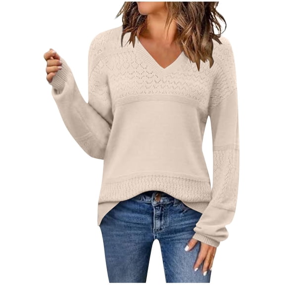 Lightweight Sweaters For Women Casual Solid Color Hollow Knit Long Sleeve Beige V Neck Winter Outfits Fall Clothes Tunic Tops S-3XL