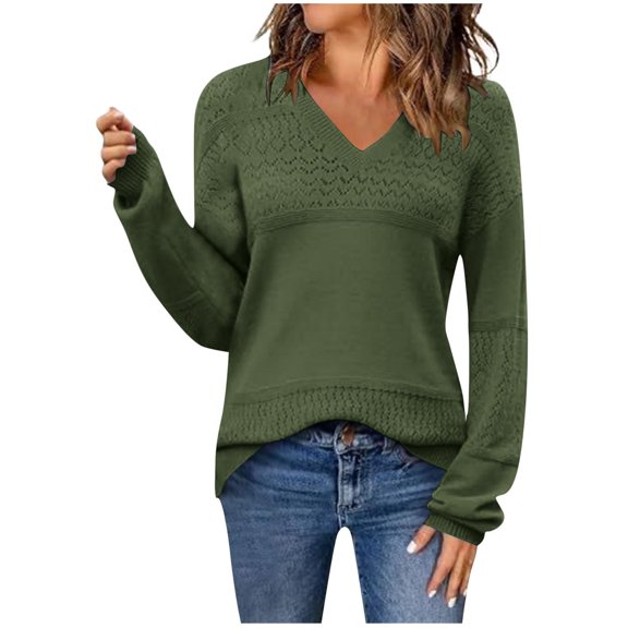 Lightweight Sweaters For Women Casual Solid Color Hollow Knit Long Sleeve Green V Neck Winter Outfits Fall Clothes Tunic Tops S-3XL