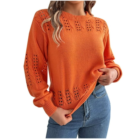Lightweight Sweaters For Women Casual Solid Color Long Sleeve Crew Neck Winter Outfits Orange Fall Clothes Tunic Tops (M)