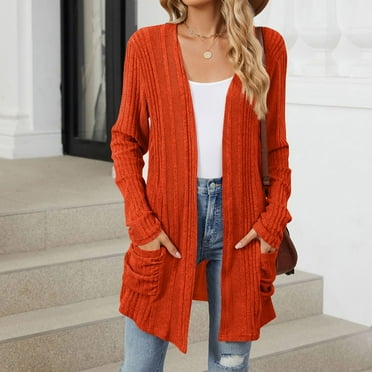 Lightweight Sweaters For Women Clearance 2024 Lightweight Cardigan Long Sleeve Breathable Solid With Pockets Cardigan Orange S