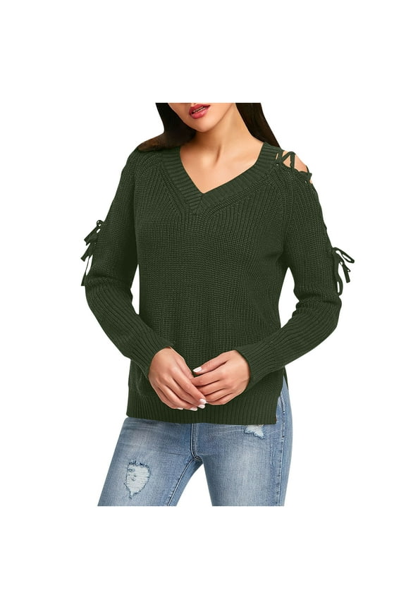 Lightweight Sweaters For Women Sevevn Women's Fashionable Hollow Out Long Sleeved V Neck Lace-Up Sweater