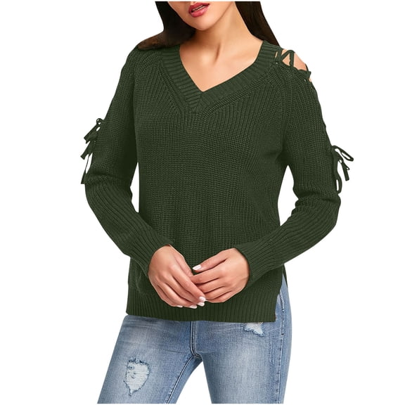 Lightweight Sweaters For Women Sevevn Women's Fashionable Hollow Out Long Sleeved V Neck Lace-Up Sweater