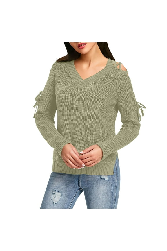 Lightweight Sweaters For Women Sevevn Women's Fashionable Hollow Out Long Sleeved V Neck Lace-Up Sweater