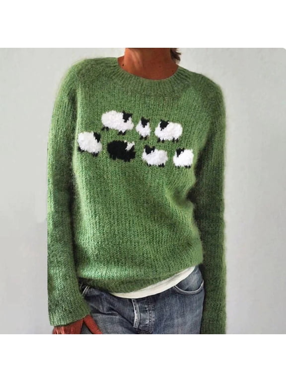 Lightweight Sweaters for Women Loose Comfortable Fair Isle Crew neck Sweater Vintage Printed Fall Winter Business Casual Outfits Pullover Knit Tops Green M