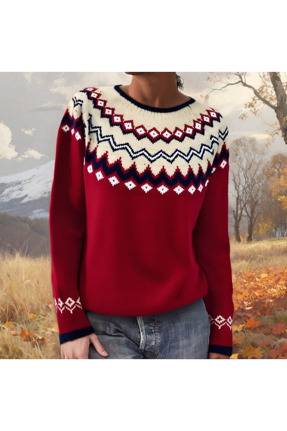 Lightweight Sweaters for Women Soft Loose Fit Fair Isle Round Neck Sweater Color Block Fashion Comfortable Fall Winter Business Casual Outfits Pullover Knit Tops Red XL