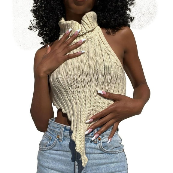 Lightweight Sweaters for Women Backless Solid Vest Wool Irregular Turtleneck Fall Fashion,Beige,S