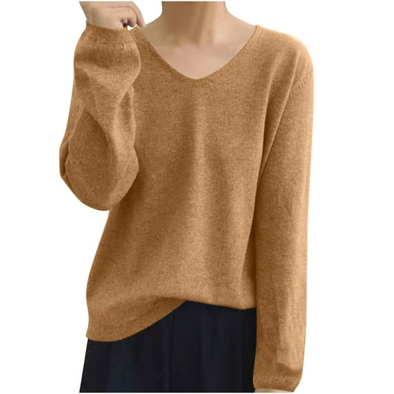 Lightweight Sweaters for Women Cozy V Neck Long Sleeve Pullover Loose Fit Casual Fall Spring Solid Jumper Tops (Free Size, Khaki)