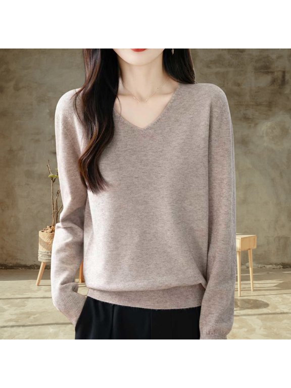 Lightweight Sweaters for Women Fall Long Sleeve V Neck Soft Knit Loungewear Sweater Loos Casual Pullover Knitwear Tops Khaki XL