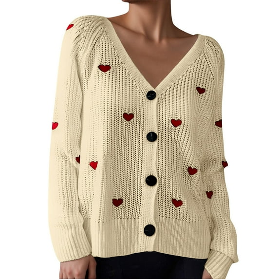 Lightweight Sweaters for Women Fall Winter Button V Neck Embroidered Heart Pattern Cardigan Knit Women's Blouses,Beige,L