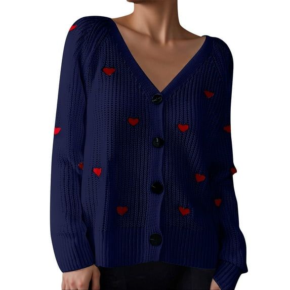 Lightweight Sweaters for Women Fall Winter Button V Neck Embroidered Heart Pattern Cardigan Knit Women's Blouses,Blue,L