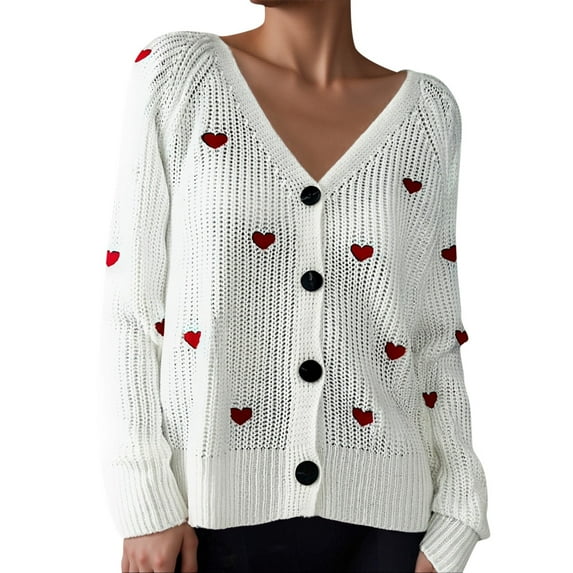 Lightweight Sweaters for Women Fall Winter Button V Neck Embroidered Heart Pattern Cardigan Knit Women's Blouses,White,S