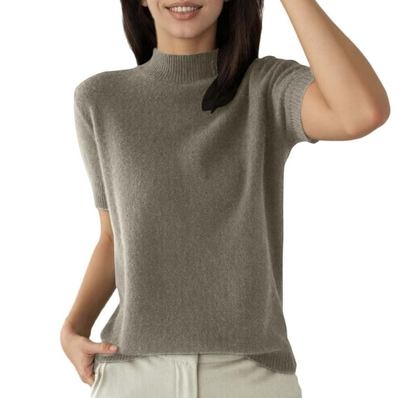 Lightweight Sweaters for Women Fall Winter Knit Pullover Solid Color Crew Neck Short Sleeve Half Turtleneck Womens Blouse,Dark Gray,XL