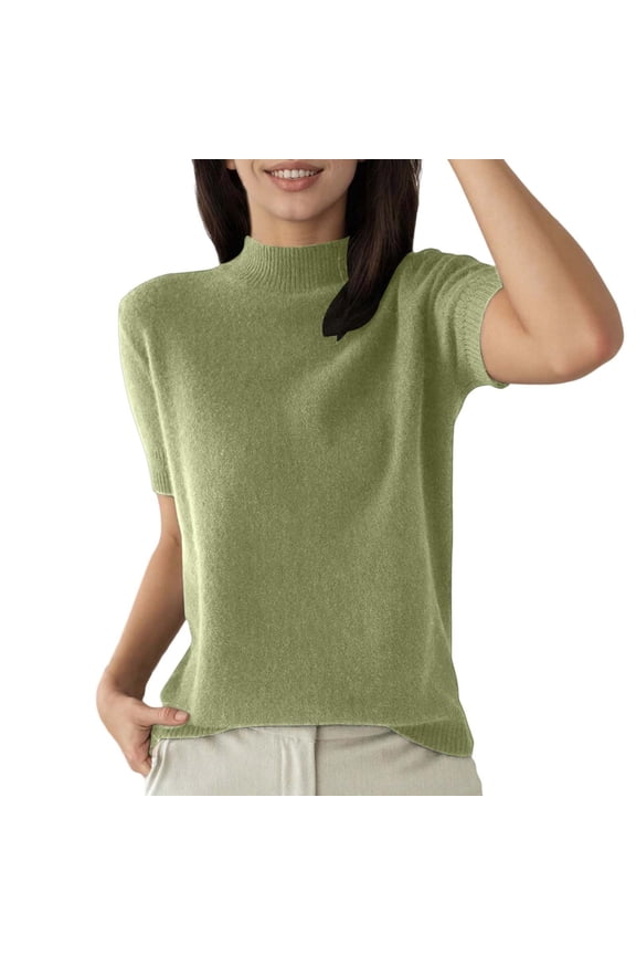 Lightweight Sweaters for Women Fall Winter Knit Pullover Solid Color Crew Neck Short Sleeve Half Turtleneck Womens Blouse,Green,M
