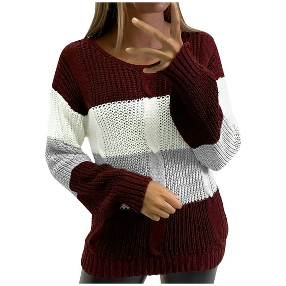 Lightweight Sweaters for Women Knitted V-Neck Color Contrast Striped Long-Sleeved Fall Outerwear,,L