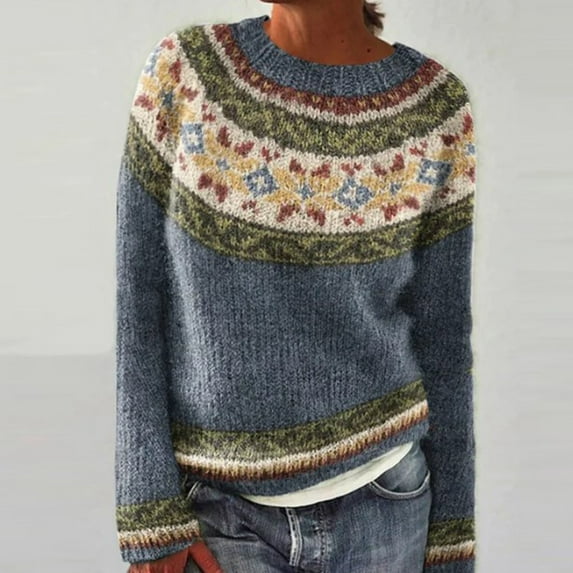 Lightweight Sweaters for Women Loose Comfortable Fair Isle Crew neck Sweater Vintage Printed Fall Winter Business Casual Outfits Pullover Knit Tops