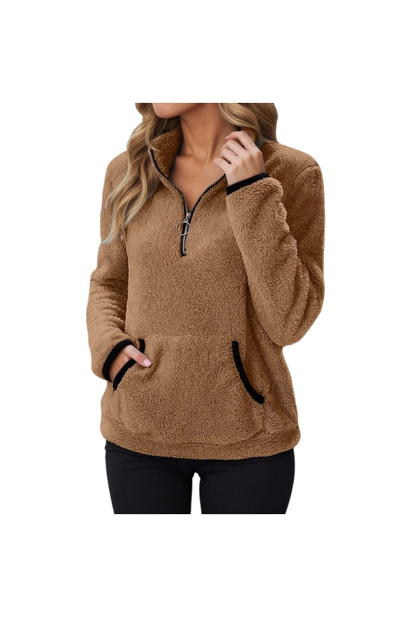 Lightweight Sweaters for Women Solid Color Half Zip Long Sleeved Pullover Fall Tops,Coffee,2XL