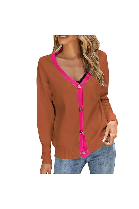 Lightweight Sweaters for Women Spring 2022 Fashion Color Block Button Up Cardigan Knitwear Long Sleeve Knit Tops