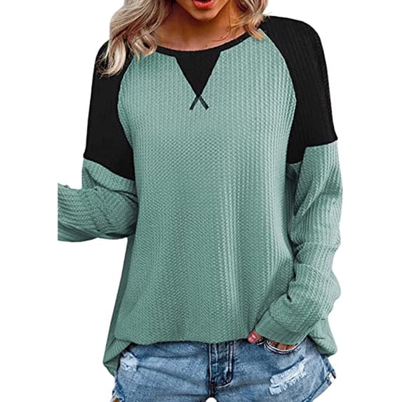 Lightweight Sweatshirt for Women's Casual Crew Neck Pullover Tops Colorblock Soft Waffle Knit Shirts Long Sleeve Tunic Top