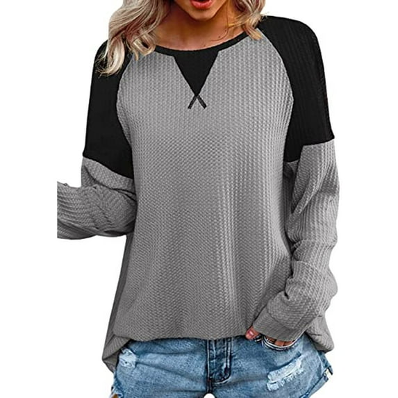 Lightweight Sweatshirt for Women's Casual Crew Neck Pullover Tops Colorblock Soft Waffle Knit Shirts Long Sleeve Tunic Top