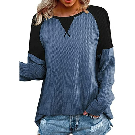 Lightweight Sweatshirt for Women's Casual Crew Neck Pullover Tops Colorblock Soft Waffle Knit Shirts Long Sleeve Tunic Top