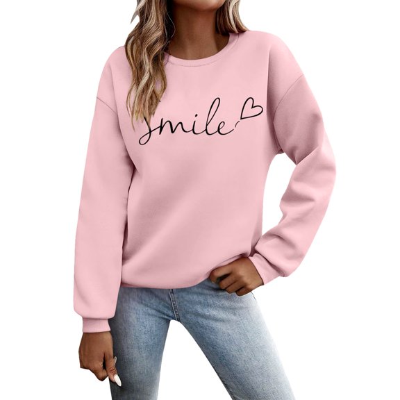 Lightweight Sweatshirts For Women Crew Neck Long Sleeve Smile Printed Shirt Casual Sports Workout Loose Fit Shirts