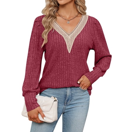 Cogild Women's Sweatshirt Lightweight V-Neck Long Sleeve Solid Ribbed Knit Fall Top