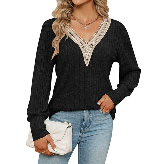 Lightweight Sweatshirts For Women Solid V Neck Long Sleeve Fall Tops Fashion Ribbled Knit Shirts Cogild
