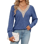 Lightweight Sweatshirts For Women Solid V Neck Long Sleeve Fall Tops Fashion Ribbled Knit Shirts Cogild