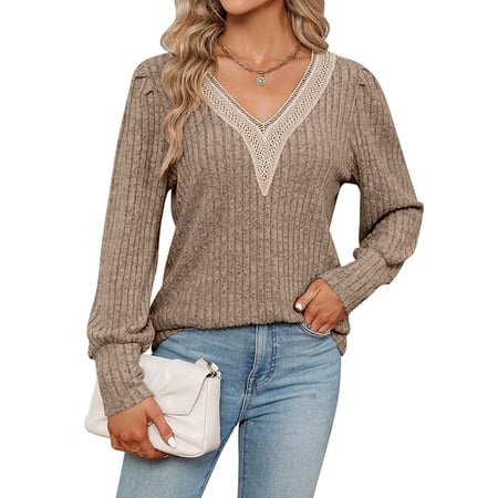 Lightweight Sweatshirts For Women Solid V Neck Long Sleeve Fall Tops Fashion Ribbled Knit Shirts Cogild