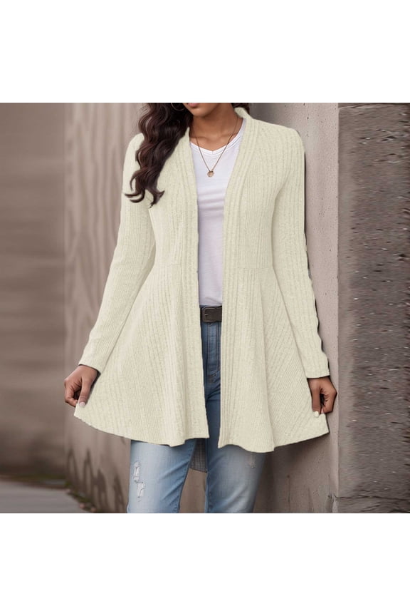 Lightweight Sweatshirts for Women, Women's Open Front Long Sleeve Peplum Cardigan Jacket Casual Loose Rib Knit Sweater Mid-Length Flowy Ruffle Shirt Tops