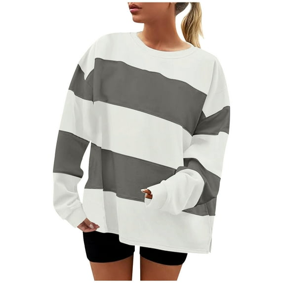 Lightweight Sweatshirts Womens Trendy Striped Colorblock Crewneck Pullover Oversized Sweatshirt Long Sleeve Tops (XL, White)