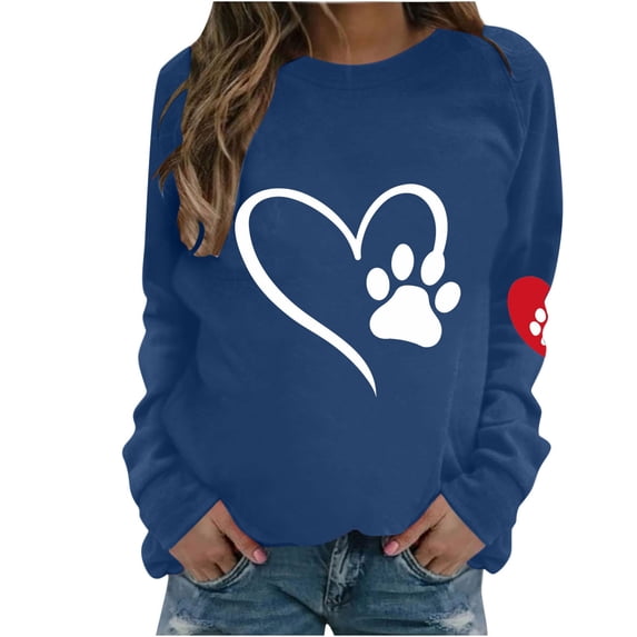 Lightweight Sweatshirts for Women Cute Graphic Print Long Sleeve Crew Neck Casual Loose Pullover Tops Workout Gym Shirt(Blue,XL)
