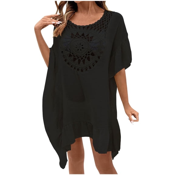 Lightweight Swimsuit Cover Ups for Women Boho Style Batwing Kimonos Long Sleeve Crochet Hollow Out Ruffled Swim Dress