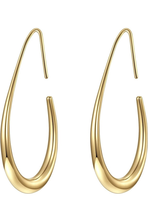 Lightweight Teardrop Hoop Earrings for Women - 14k Gold/White Gold Plated Large Oval Pull Through Hoop Earrings High Polished Statement Jewelry Gift for Women