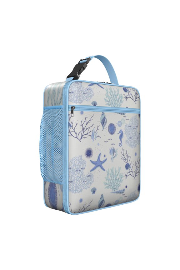 Lightweight Thermal Lunch Box Tote with Durable Zippers, Mesh Side Pocket & Front Pocket, Featuring Sand, Nautical, Seahorse & Seaside Vintage Summer Art for School & Travel
