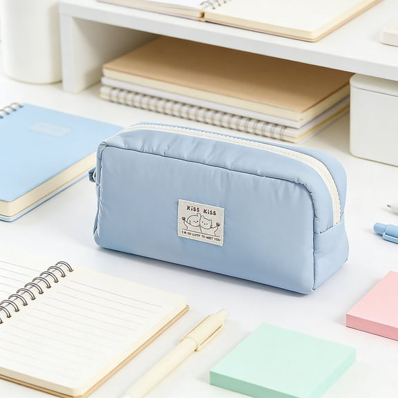 Lightweight Thick Padded Shock-Resistant Nylon Pencil Pouch Cute Cartoon Cat Woven Label Matching White Zipper Large Capacity Flexible Storage Portable Rectangular Organizer