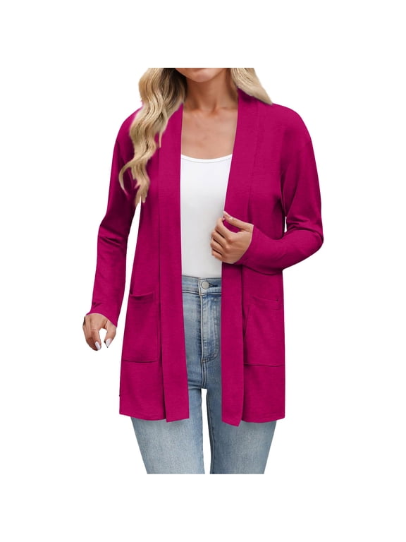 Lightweight Thin Cardigans for Women, Open Front Cardigan,v Neck Solid Color Cover up Fall Outfits Modest Tops Beach Vacation Loose Fit Dress Shirts Flowy Tops Plain Shirt Women,Watermelon red,2XL