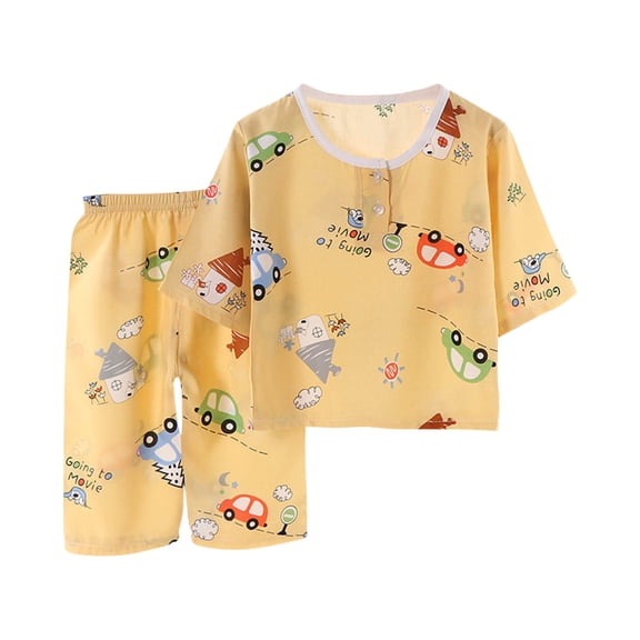 Lightweight Toddler Boys Summer Clothes Set Cute Graphic Two Piece Cotton Comfy Outfit Short Sleeve Henley Shirts Capris Yellow, 4T