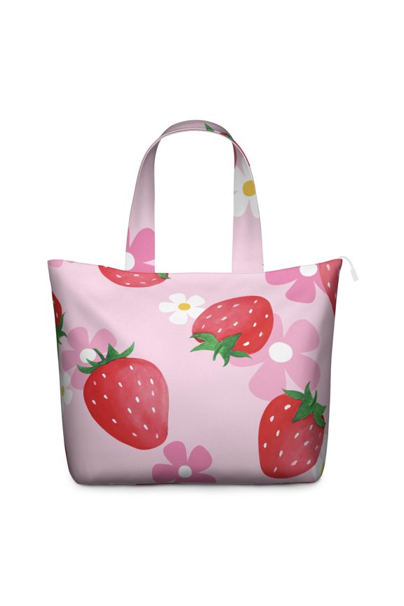 Lightweight Travel Tote Bag with Strawberry Summer Berry Prints Large Capacity Weekender Bag with Fresh Fruit Flowers, Adjustable Strap for Daily Use