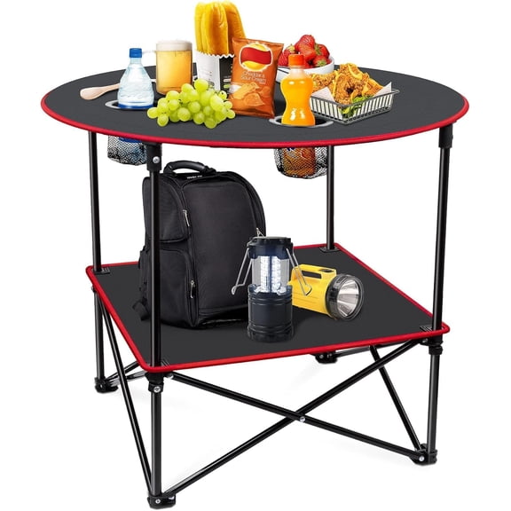 Lightweight Two-Tier Foldable Camping Table Waterproof Canvas Beach Tailgate Table with Carry Bag