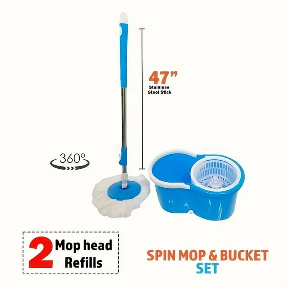 Lightweight Upgraded 360 Spinning Mop And Bucket Set, 47" Extended Stainless Steel Handle, 2 Washable Super Absorbent Microfiber Mop Heads, Wet And Dry Use, Available In Blue, Red, Black