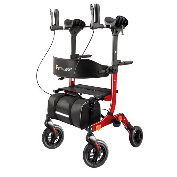 Lightweight Upright Rollator Walker All-Terrain Foldable with seat and Adjustable Height backrest, 300 lbs Capacity, 10" Front & 8" Rear Wheels for Seniors, Includes Cane Holders, Red