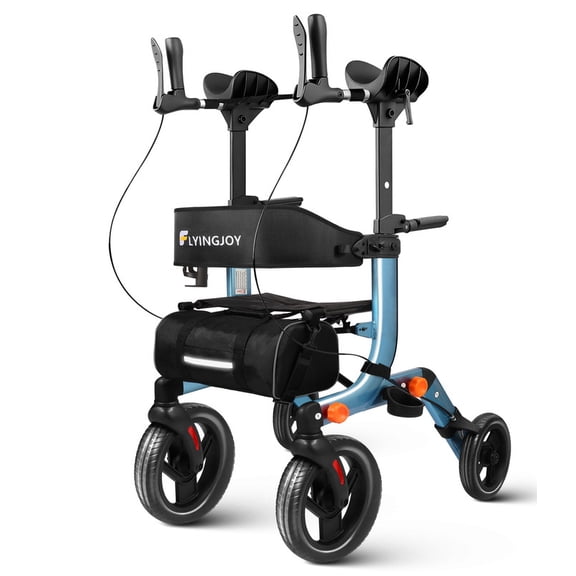 Lightweight Upright Rollator Walker All-Terrain Foldable with seat and Adjustable Height backrest, 300 lbs Capacity, 10" Front & 8" Rear Wheels for Seniors, Includes Cane Holders, Blue