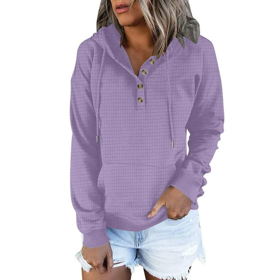 Lightweight V Neck Hoodies for Women Waffle Knitted Long Sleeve Hooded Pullover Tops with Buttons Thin Plain Loose Sweatshirts Cotton #04 Purple M